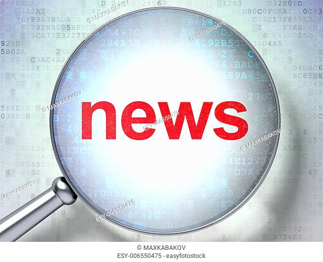 Magnifying optical glass with words News on digital background, 3d render