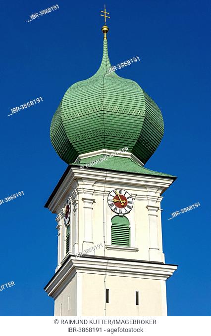 Onion dome of the parish church of St. Urban and Nikolaus, Schröding, Kirchberg, Upper Bavaria, Bavaria, Germany