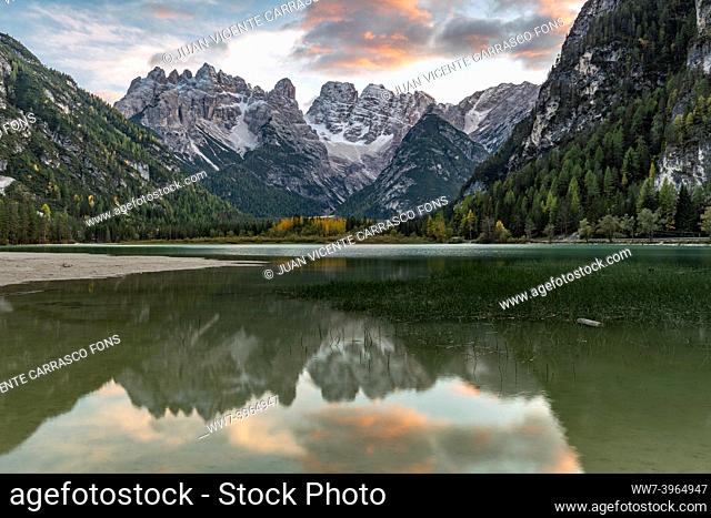 Lago di Landro with Cristallo mountains reflected on the lake, Dolomites, Italian Alps