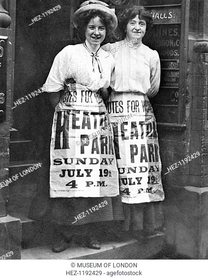 Mabel Capper and Patricia Woodlock advertising a 'monster' meeting to be held in Heaton Park, Manchester, Lancashire, on 19th July 1908