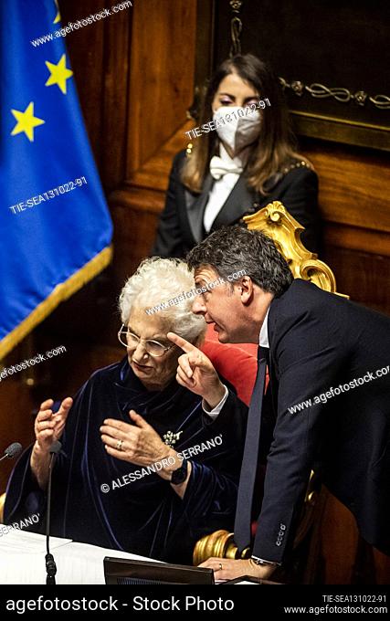 Matteo Renzi, Liliana Segre during for the Italian Parliament inaugural session at Senate of the Republic on October 13, 2022 in Rome, Italy
