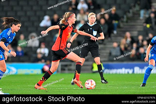 Belgium's Julie Biesmans pictured in action during a game between Italy and Belgium's national women's soccer team the Red Flames, in Milton Keynes
