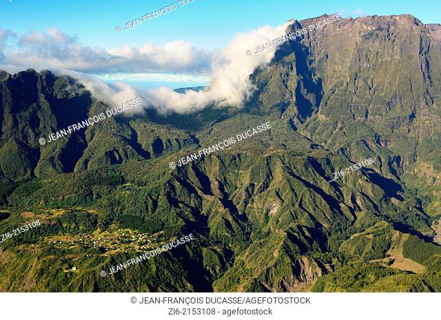 Aerial view of the village of La Nouvelle in Mafate, Cirque of Mafate, Reunion Island, French overseas department, France, Indian Ocean