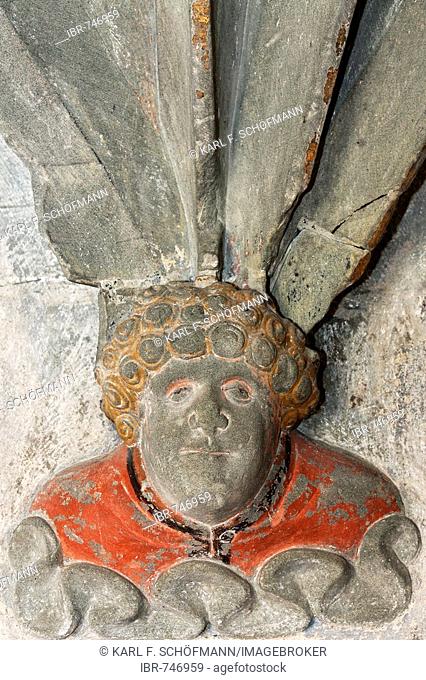 Figurative human face, ribbed vault of late gothic cloister, Riedlingen, Upper Swabia, Baden-Wuerttemberg, Germany, Europe