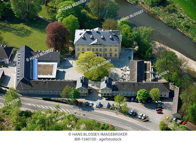 Aerial view, Ruhr river, Ruhr river valley, Ruhr meadows, Evangelische Akademie Protestant academy, Villigst, Schwerte, Ruhrgebiet region