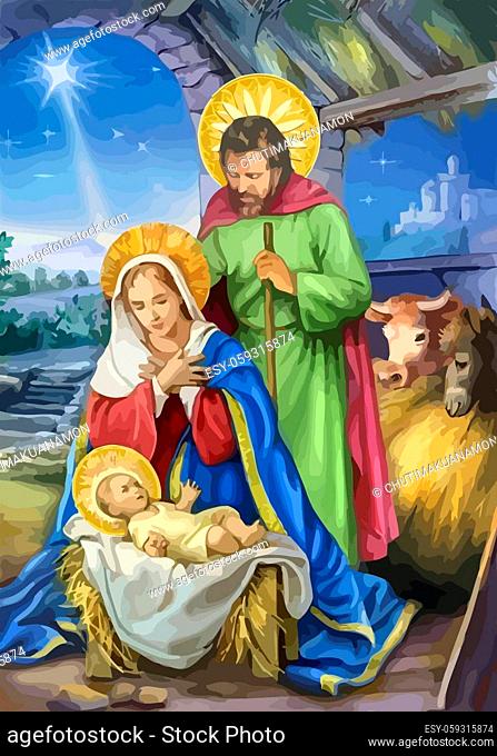 christmas holy family baby jesus nazareth bible birth illustration