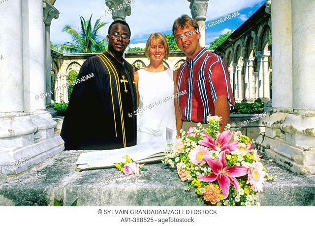 Wedding at French cloister rebuilt in Ocean Club luxury hotel and resort. Nassau, Providence island. Bahamas, Caribbean