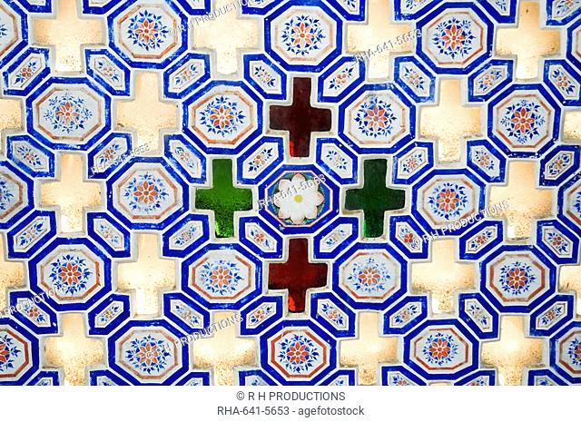 Glass and tile work embedded in walls of the Juna Mahal Fort, Dungarpur, Rajasthan state, India, Asia