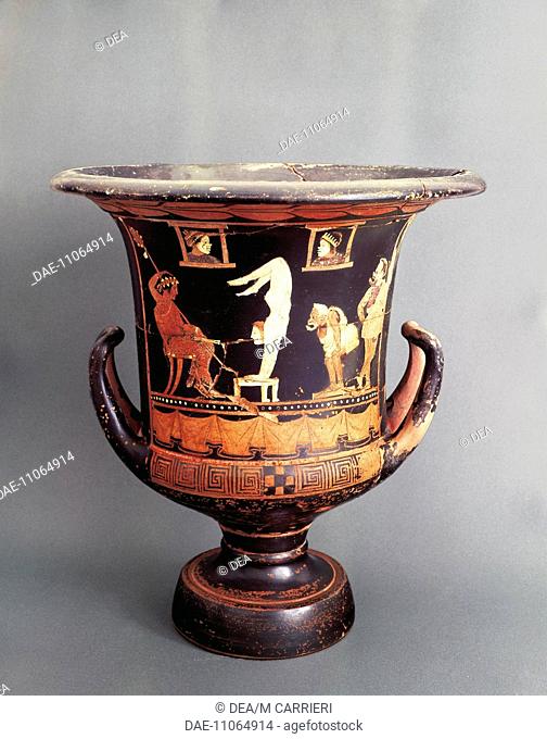 Phlyax vase depicting Dionysus who attend the performances of an acrobat and two farcical actors, by Assteas, Italiot red-figure pottery, from Paestum, Campania