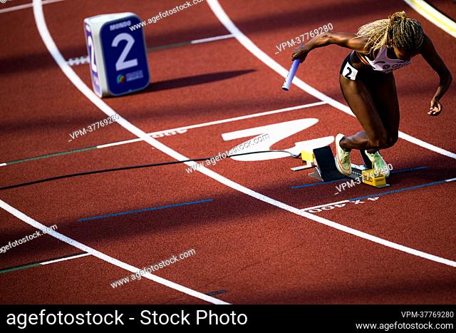 Belgian Naomi Van den Broeck pictured in action during the heats of the women's 4x400m relay race, at the 19th IAAF World Athletics Championships in Eugene