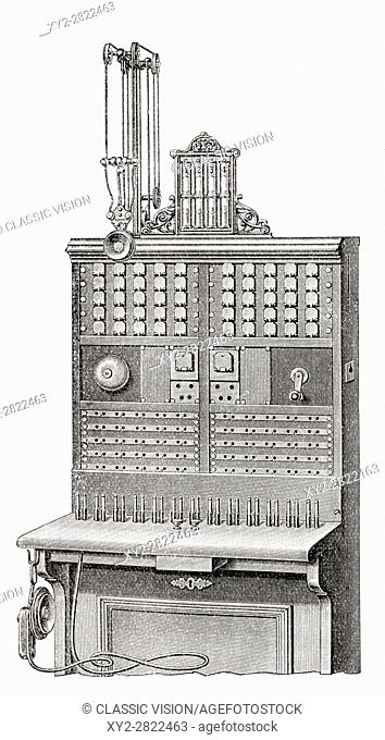 An early 20th century telephone switchboard containing 50 double lines with built in trunking cables. From Meyers Lexicon, published 1924