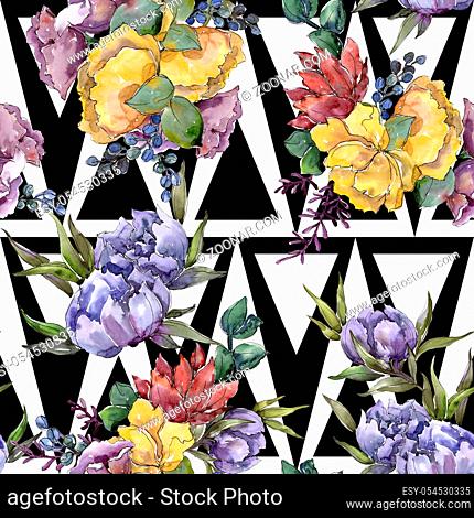 Colorful bouquet. Floral botanical flower. Seamless background pattern. Fabric wallpaper print texture. Aquarelle wildflower for background, texture