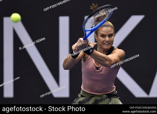 Maria Sakkari of Greece in action during the match against Tereza Martincova of Czech Republic at the J&T Banka Ostrava Open 2021 women's WTA indoor tennis...