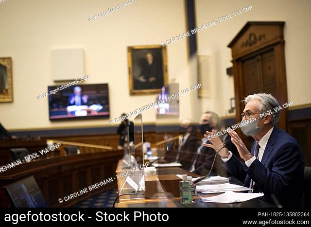 Jerome H. Powell, Chair of the Board of Governors of the Federal Reserve System testifies before the US House Financial Services Committee during a hearing on...