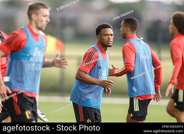 Belgium's Lois Openda pictured during a training session of the Belgian national team, the Red Devils, Tuesday 31 May 2022 in Tubize