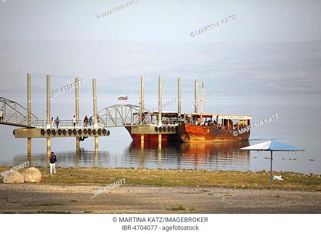 Jetty with boats for tourists on Lake Tiberias, Kinneret, Galilee, Israel