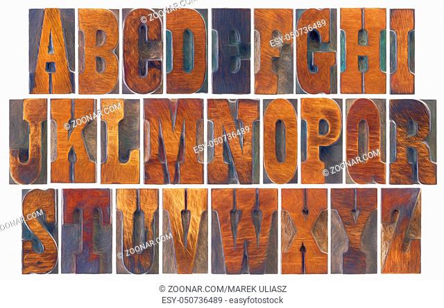 alphabet set in vintage letterpress wood type blocks, French Clarendon font popular in western movies and memorabilia, a collage of 26 isolated letters with a...