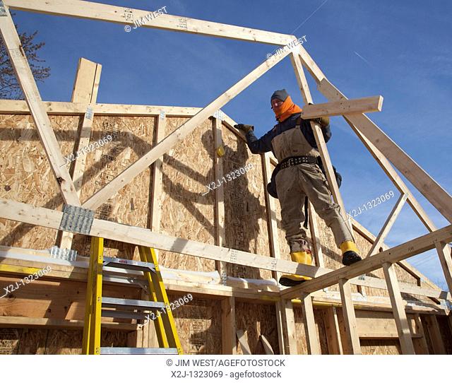Warren, Michigan - Construction of a Habitat for Humanity house on the Martin Luther King holiday  A man installs trusses to support the roof
