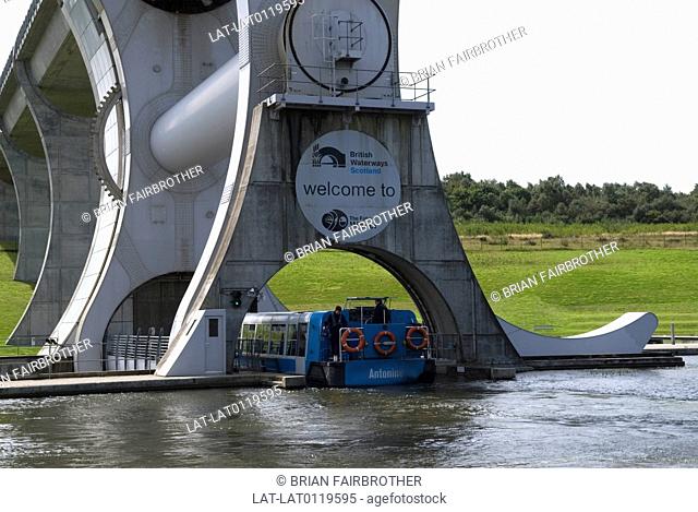The Falkirk Wheel, the rotating boat lift structure was built and opened in 2002 to provide a new link between the Forth & Clyde canal and the Union Canal...