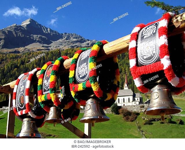 Cow-bell, decorated for the driving of the cattle down from the mountain pastures in autumn, South tyrol, Italy