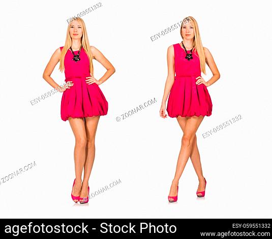 Young woman in pink dress isolated on white