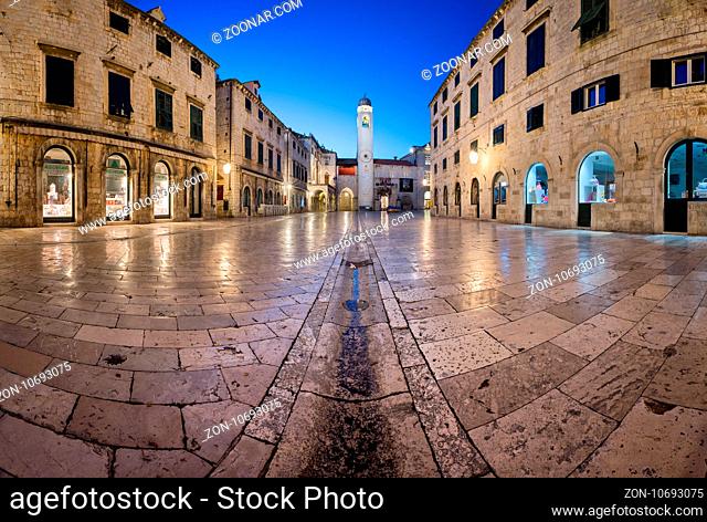DUBROVNIK, CROATIA - JULY 1, 2014: Panorama of Stradun Street and Luza Square in Dubrovnik. In 1979, the city of Dubrovnik joined the UNESCO list of World...