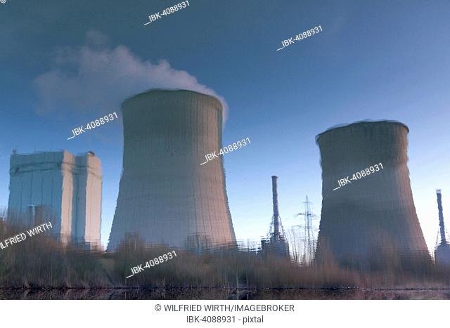 Gas-turbine combined-cycle plant, Gersteinwerk power plant, reflection in the Lippe river, Stockum, Werne, North Rhine-Westphalia, Germany