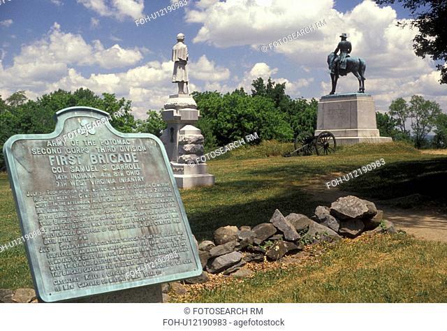 Gettysburg, battlefield, civil war, battle, Gettysburg Military Park, Pennsylvania, Statues and monuments on East Cemetery Hill a battlefield site at Gettysburg...