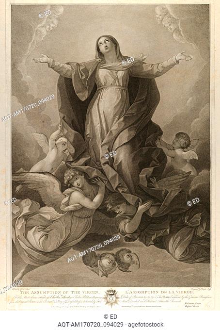 Drawings and Prints, Print, The assumption of the Virgin, who rises with arms outstretched, angels supporting her from below, after Reni, Artist, Publisher