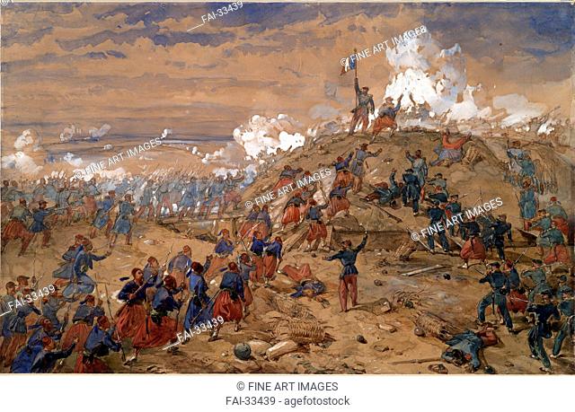 Attack on the Malakoff redoubt on 7 September 1855 by Simpson, William (1832-1898)/Watercolour on paper/Realism/1855/Great Britain/Private Collection/29, 3x44