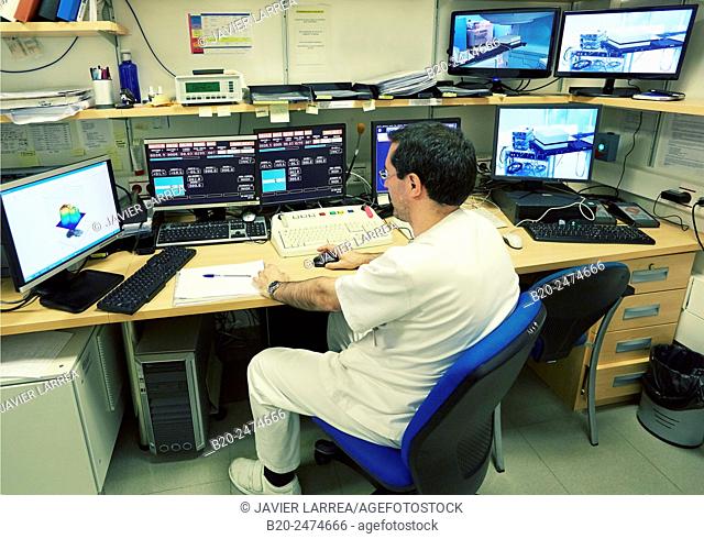 Control screens, Linear Particle Accelerator, Radiotherapy, Treatment of cancer, Hospital Donostia, San Sebastian, Gipuzkoa, Basque Country, Spain