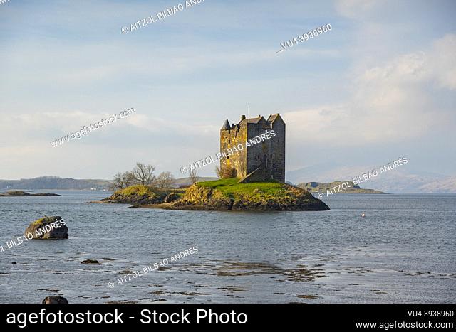 Castle Stalker, in the middle of a lake, sunny day, green, blue and yellow, Fott William, Highlands, Scotland