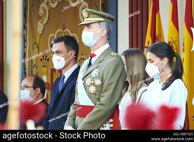 King Felipe VI of Spain, Queen Letizia of Spain, Princess Sofia attends The National Day Military Parade on October 12, 2021 in Madrid, Spain