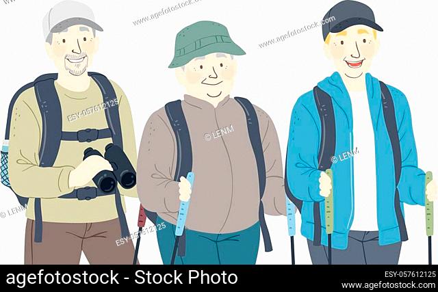 Illustration of Senior Men Wearing Caps with Backpacks, Binoculars and Climbing Sticks for Hiking