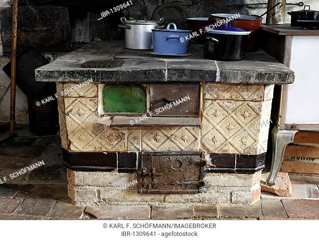 Old wood stove, kitchen in the Haus Andrinet house from 1740, Wolfegg farmhouse museum, Allgaeu region, Upper Swabia, Baden-Wuerttemberg, Germany, Europe