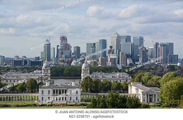 Canary Wharf business area and the National Maritime Museum from the Greenwich Observatory. London, England, Great Britain