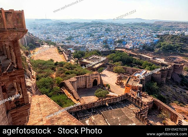 the view of blue city of jodhpur and mehrangarh fort walls. Taken in Rajasthan, India