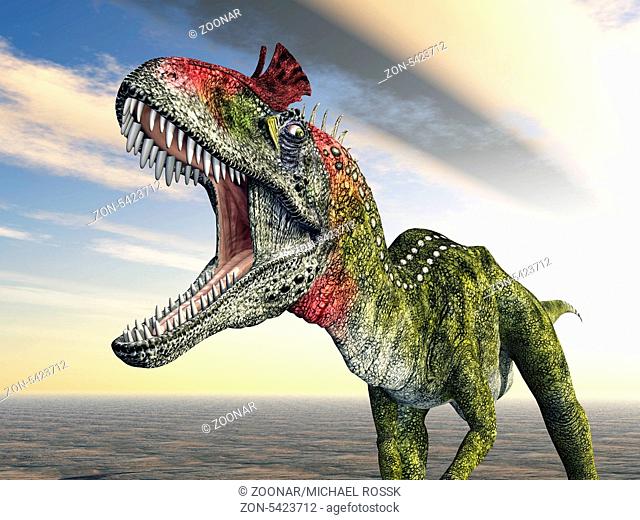 Computergenerierte 3D Illustration mit dem Dinosaurier Cryolophosaurus bei einem Sonnenuntergang