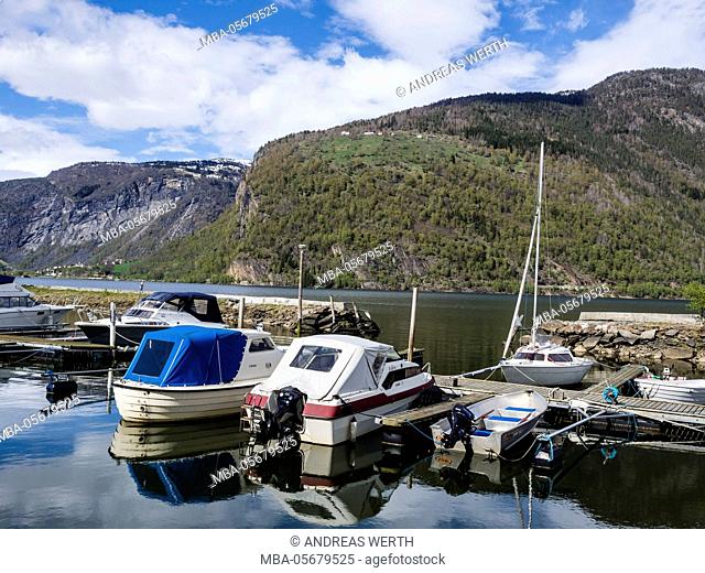 Marina of village Marifjöra, at the Lustrafjord, the inner section of the Sognefjord, Sogn og Fjordane, Norway
