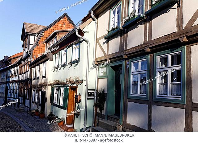 Historic half-timbered houses on the castle hill, Quedlinburg, Harz, Saxony-Anhalt, Germany, Europe