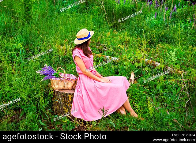 beautiful girl in a beautiful dress sits on a stump in the forest, a bouquet of lupines in a basket