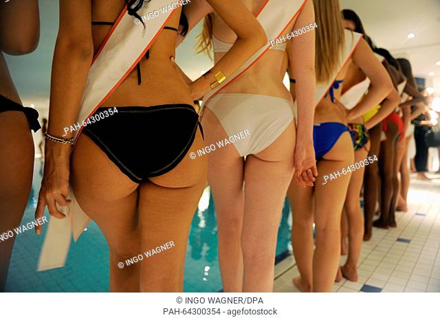 Contenders for the 'Miss Intercontinental 2015' beauty pageant pose at a hotel swimming pool in Bremen, Germany, 08 December 2015