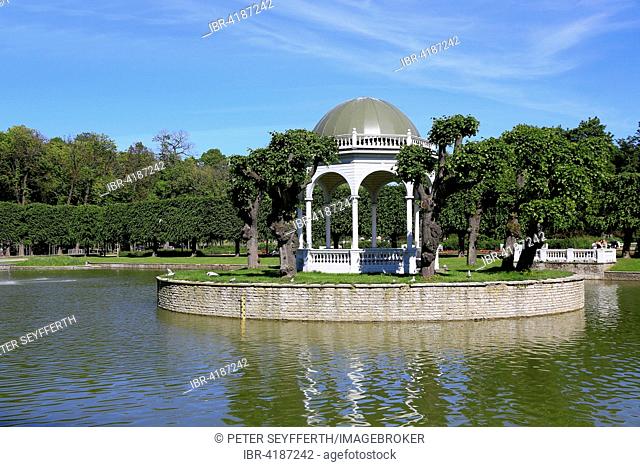 Pond with pavilion in the park of Kadriorg or Kadrioru Park, Tallinn, Estonia