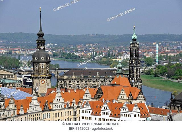 Panoramic view over the city of Dresden with Semperoper opera house, Hausmann Tower, Dresden Castle, Hofkirche, Catholic Court Church, Staendehaus