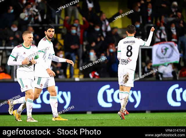 OHL's Siebe Schrijvers celebrates after scoring during a soccer game between D1B club KVC Westerlo and JPL club OH Leuven