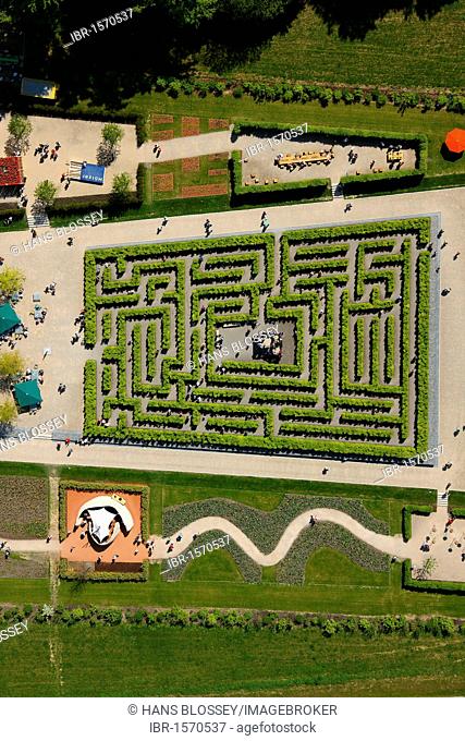 Aerial view, labyrinth, hedge maze, Landesgartenschau Country Garden Exhibition Hemer, Maerkischer Kreis district, Sauerland region, North Rhine-Westphalia