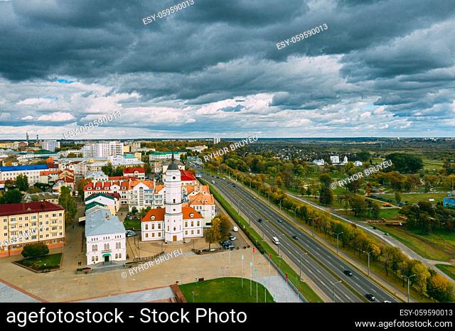 Mahiliou, Belarus. Mogilev Cityscape With Famous Landmark - 17th-century Town Hall. Aerial View Of Skyline In Autumn Day. Bird's-eye View