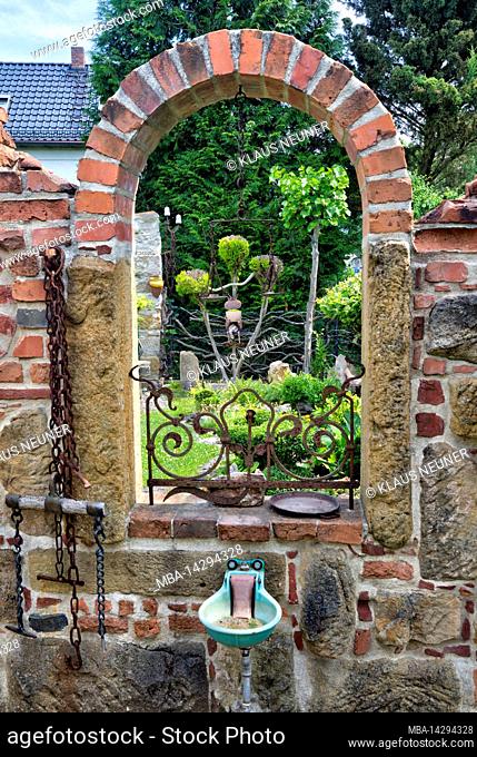Garden, garden complex, stone wall, view, idyll, summer, reportage, Baunach, Bamberg, Upper Franconia, Bavaria, Germany