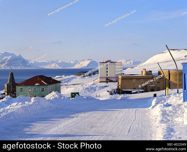 Russian coal mining town Barentsburg at fjord Groenfjorden, Svalbard. The coal mine is still in operation. Arctic Region, Europe, Scandinavia, Norway, Svalbard