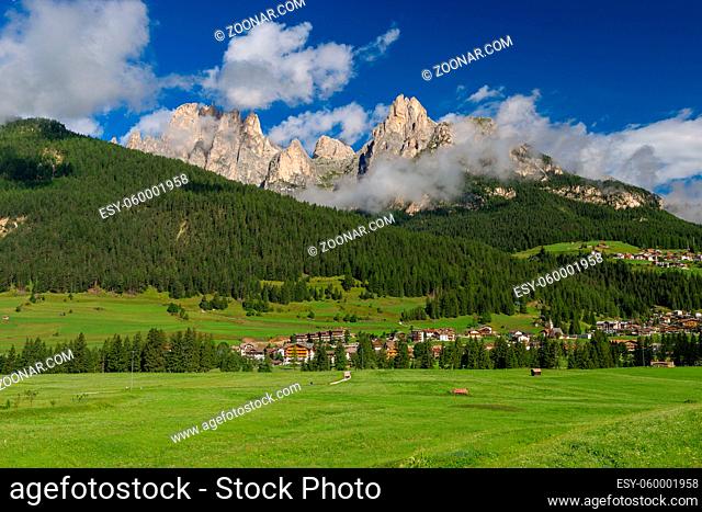 Idyllic mountain panorama during the summer season in Fassa Valley, near Pozza di Fassa